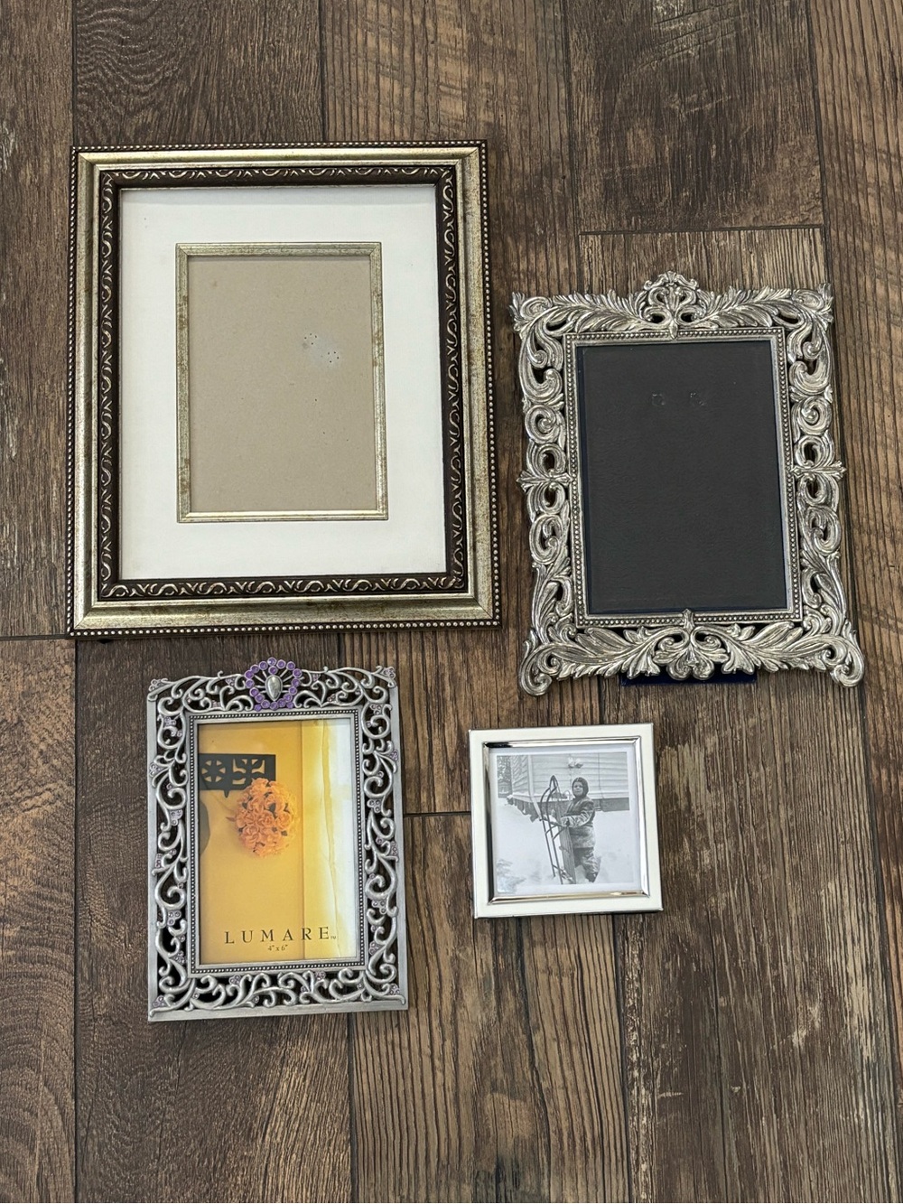 LOT OF 4 Assorted Sizes Metal Gold & Silver Tones Free Standing Picture Frames
